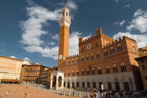 Tower of Town hall in Siena with part of square