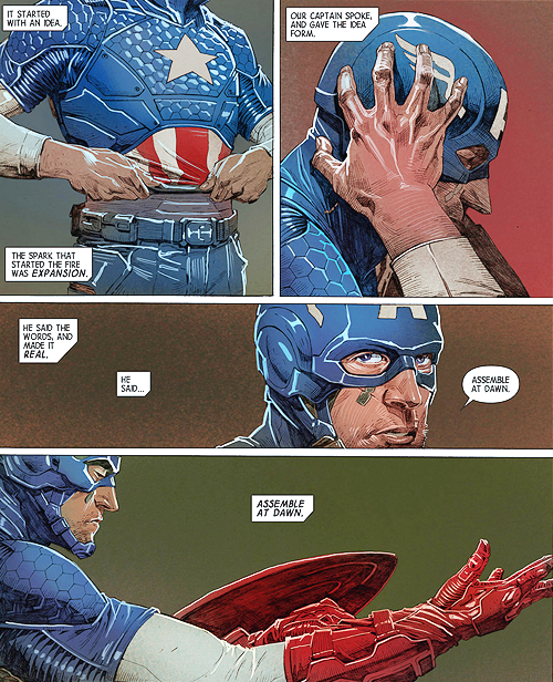 Il restyling della tuta del Cap ad opera di Opeña sul primo numero (#16) di Avengers Marvel Now!