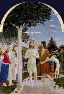 Piero Della Francesca, Battesimo di Cristo, tempera su tavola, 1445, National Gallery Londra