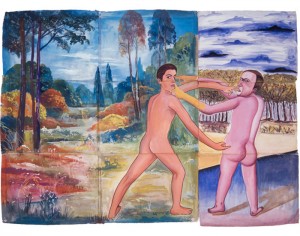 F.Clemente, Two Painters ,1980 Gouache on handmade Pondicherry paper, joined with handwoven cotton strips 68 x 94 1/8 in 172.7 x 239 cm 