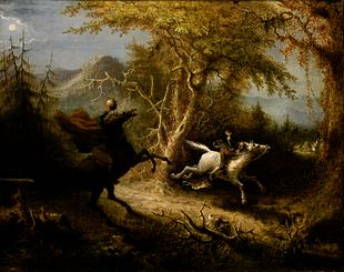 quadro di John Quidor con il cavaliere senza testa che insegue Ichabod come descritto nella Leggenda della valle addormentata e Il mistero di Sleepy Hollow.