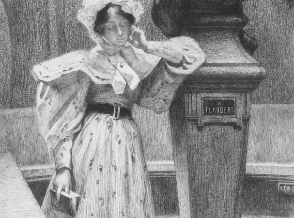 Madame Bovary ritratta in un frontespizio; composizione di Alfred de Richemont, acquaforte di Carlo Chessa